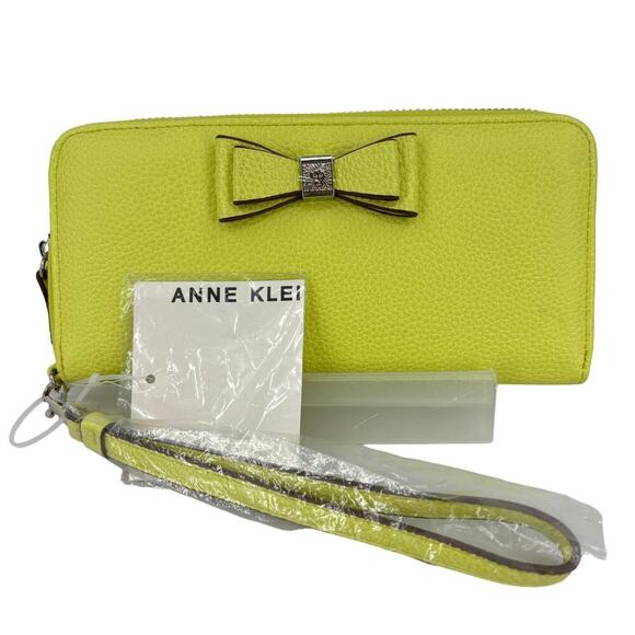 Anne Klein Slim Z/A Wallet Zip Around Wristlet Yellow Bow Detail New 7.5 Inch - Picture 1 of 10